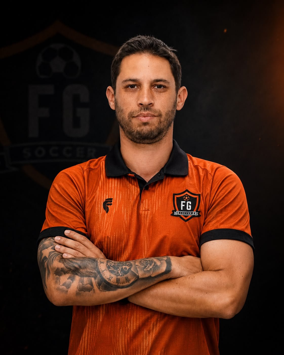 Vinícius Bardi, treinador da FG Soccer Training, com o uniforme laranja da FG